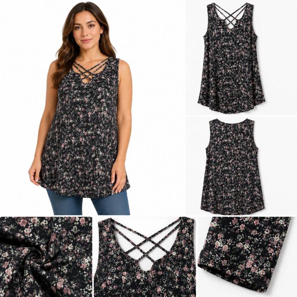 Maurices 24/7 Floral Criss Cross Tank Medium